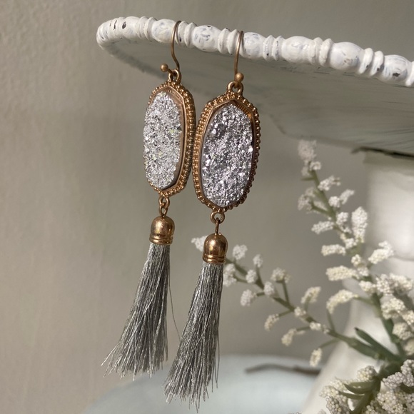 Silver Druzy Tassel Dangle Earrings - Picture 12 of 14